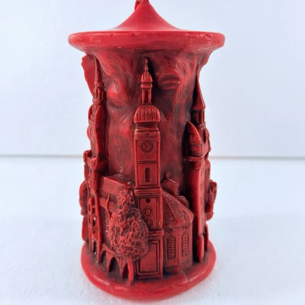 Vintage Munich Germany Relief Carved Pillar Candle Red Architectural NEW Unlit